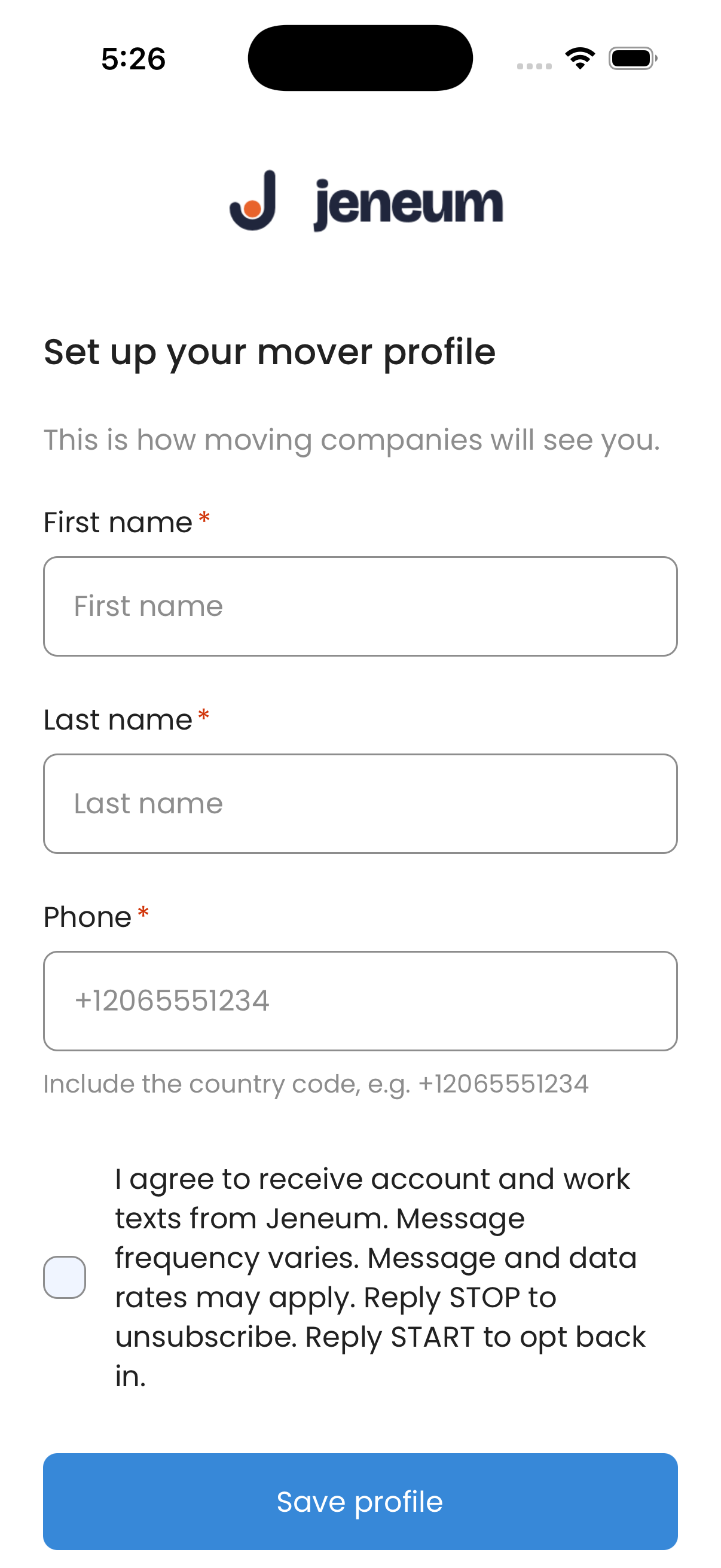 The Jeneum mover app's profile step: first name, last name and phone fields, then the unchecked SMS consent checkbox with the wording quoted above, and the Save profile button.
